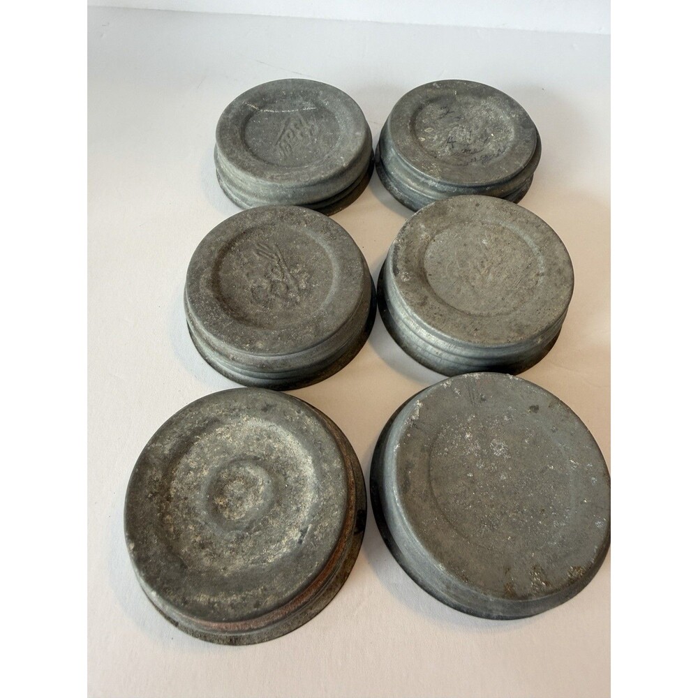 Lot 6 Vintage Zinc Mason Jar Lids Milk Glass Insert Ball Canning Farmhouse Decor